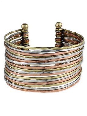 Hammered Mixed Metal Wide Cuff Bracelet Adjustable Open Back